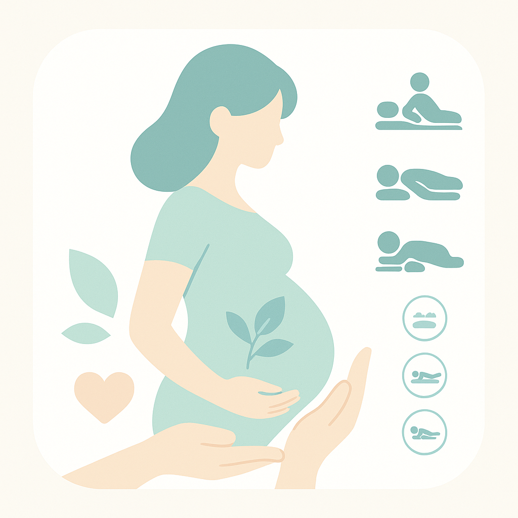 妊婦さんの整体に対応。横向き・仰向け・うつ伏せで安全に施術するイメージイラスト